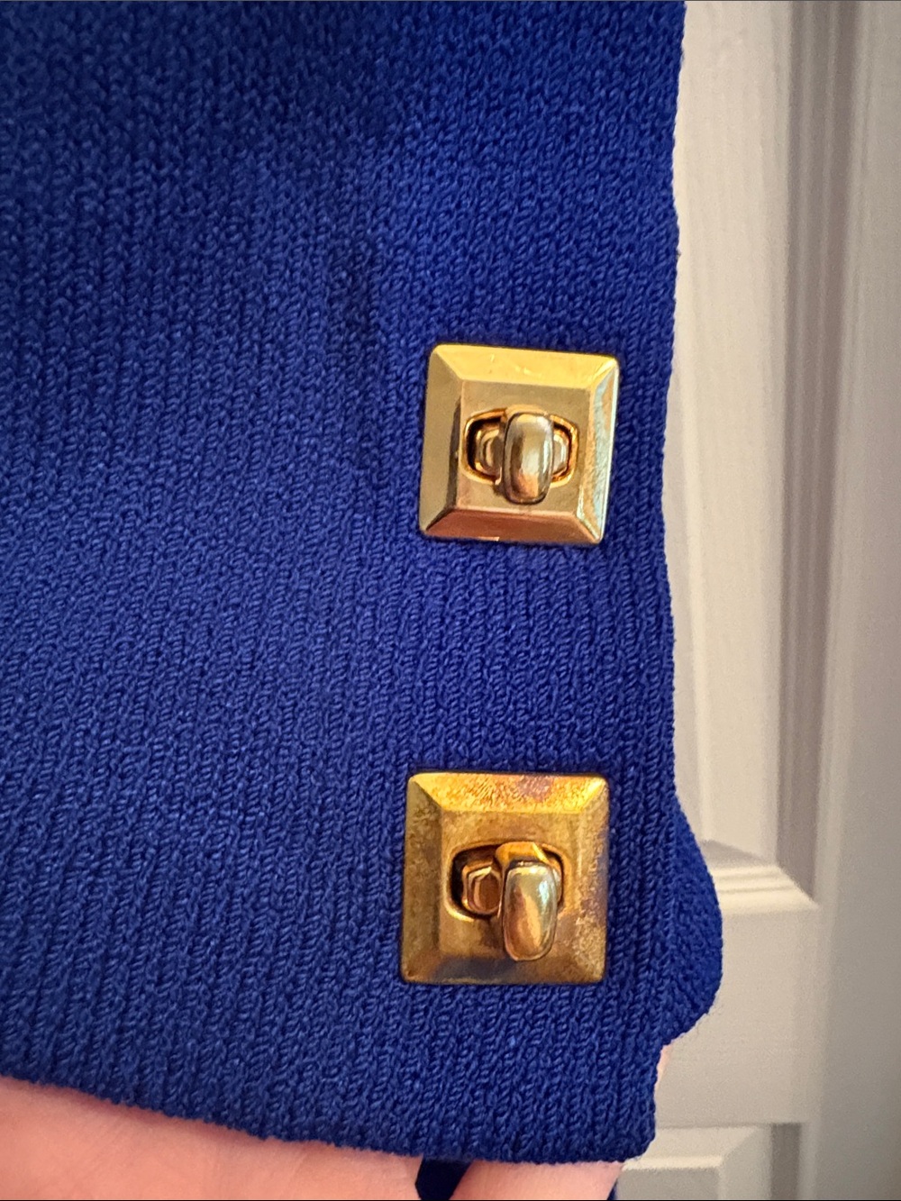 St. John Vintage Cobalt Blue Long Sleeve Sheath stretch knit Dress Gold Buttons - Picture 2 of 7